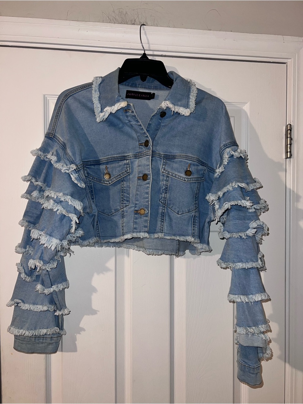Purple Candy cropped, medium-wash blue denim multiple frayed ruffled tiers sz S